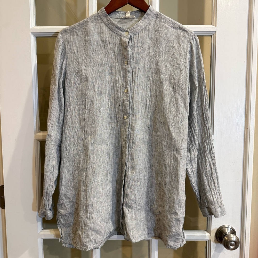 Eileen Fisher Crinkled Organic Linen Stripe Mandarin Collar Long Shirt XS